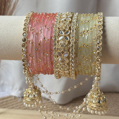 Peach Pink Pistachio Bangles Latkan Jhula Kada Zircon Crystal Pearl Chain Indian Bridal Wedding - 2