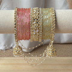 Peach Pink Pistachio Bangles Latkan Jhula Kada Zircon Crystal Pearl Chain Indian Bridal Wedding