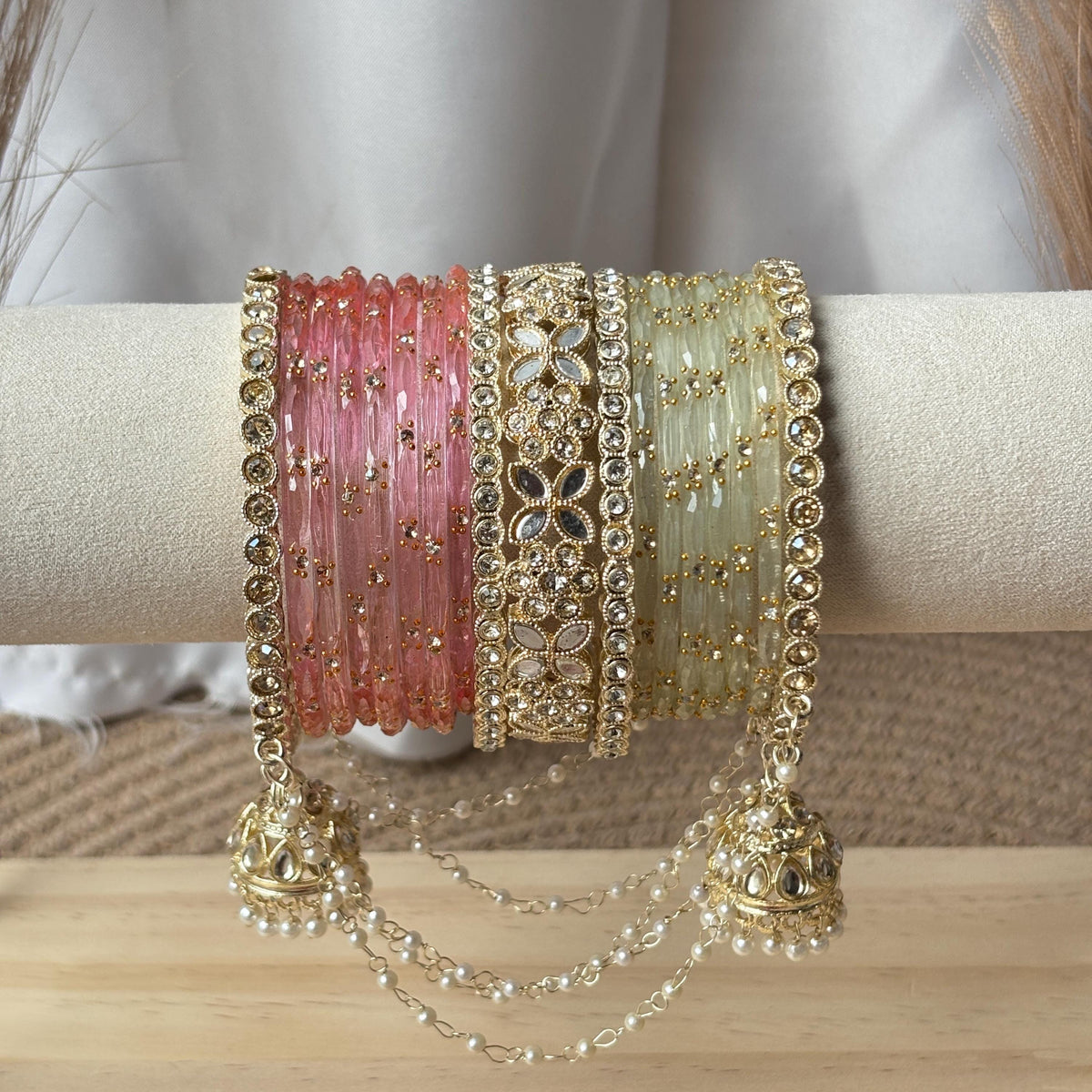 Peach Pink Pistachio Bangles Latkan Jhula Kada Zircon Crystal Pearl Chain Indian Bridal Wedding - 6