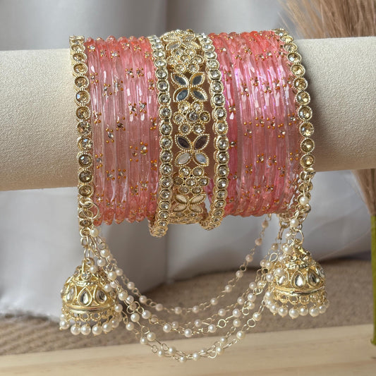 Peach Pink Bangles Set Latkan Jhula Kada Zircon Crystal Pearl Chain Indian Bridal Wedding