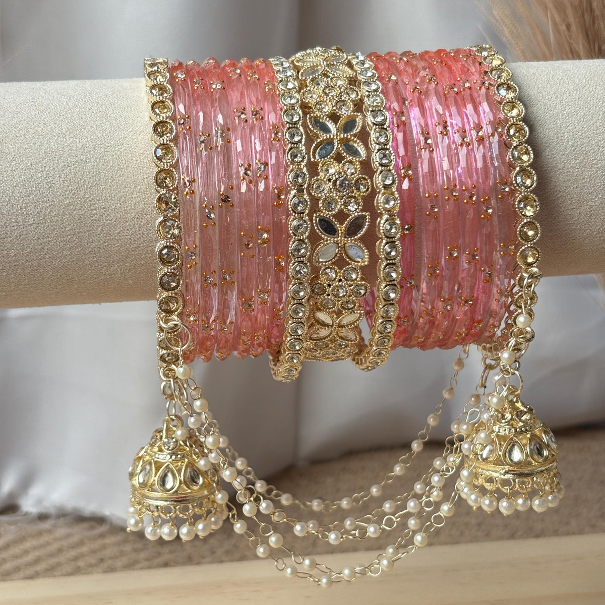 Peach Pink Bangles Set Latkan Jhula Kada Zircon Crystal Pearl Chain Indian Bridal Wedding - 3