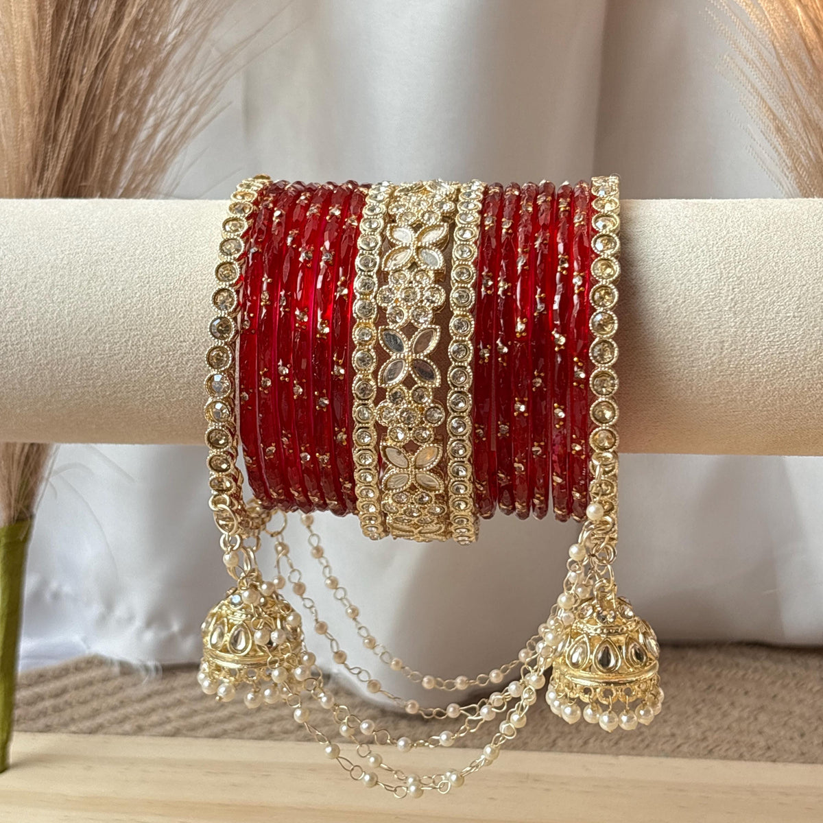 Red Bridal Bangles Jhumka Latkan Kada Pearl Jhula Set Kashmiri Churiyan Pakistani Wedding Jewelry - 4