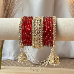Red Bridal Bangles Jhumka Latkan Kada Pearl Jhula Set Kashmiri Churiyan Pakistani Wedding Jewelry - 4