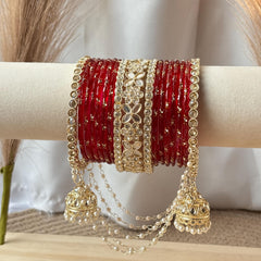 Red Bridal Bangles Jhumka Latkan Kada Pearl Jhula Set Kashmiri Churiyan Pakistani Wedding Jewelry - 8
