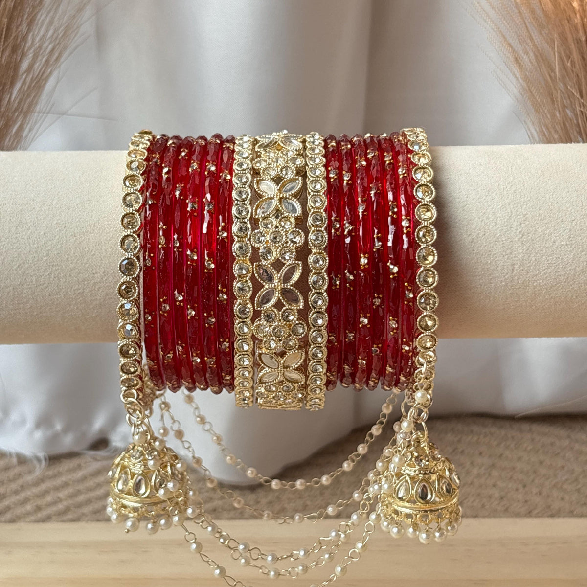 Red Bridal Bangles Jhumka Latkan Kada Pearl Jhula Set Kashmiri Churiyan Pakistani Wedding Jewelry - 7