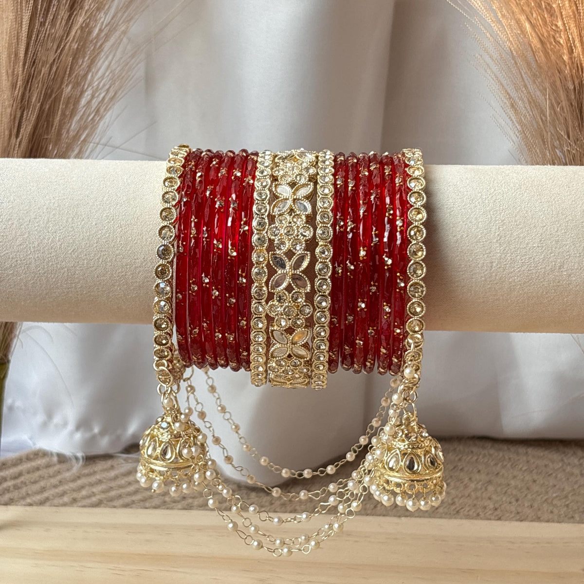 Red Bridal Bangles Jhumka Latkan Kada Pearl Jhula Set Kashmiri Churiyan Pakistani Wedding Jewelry - 9