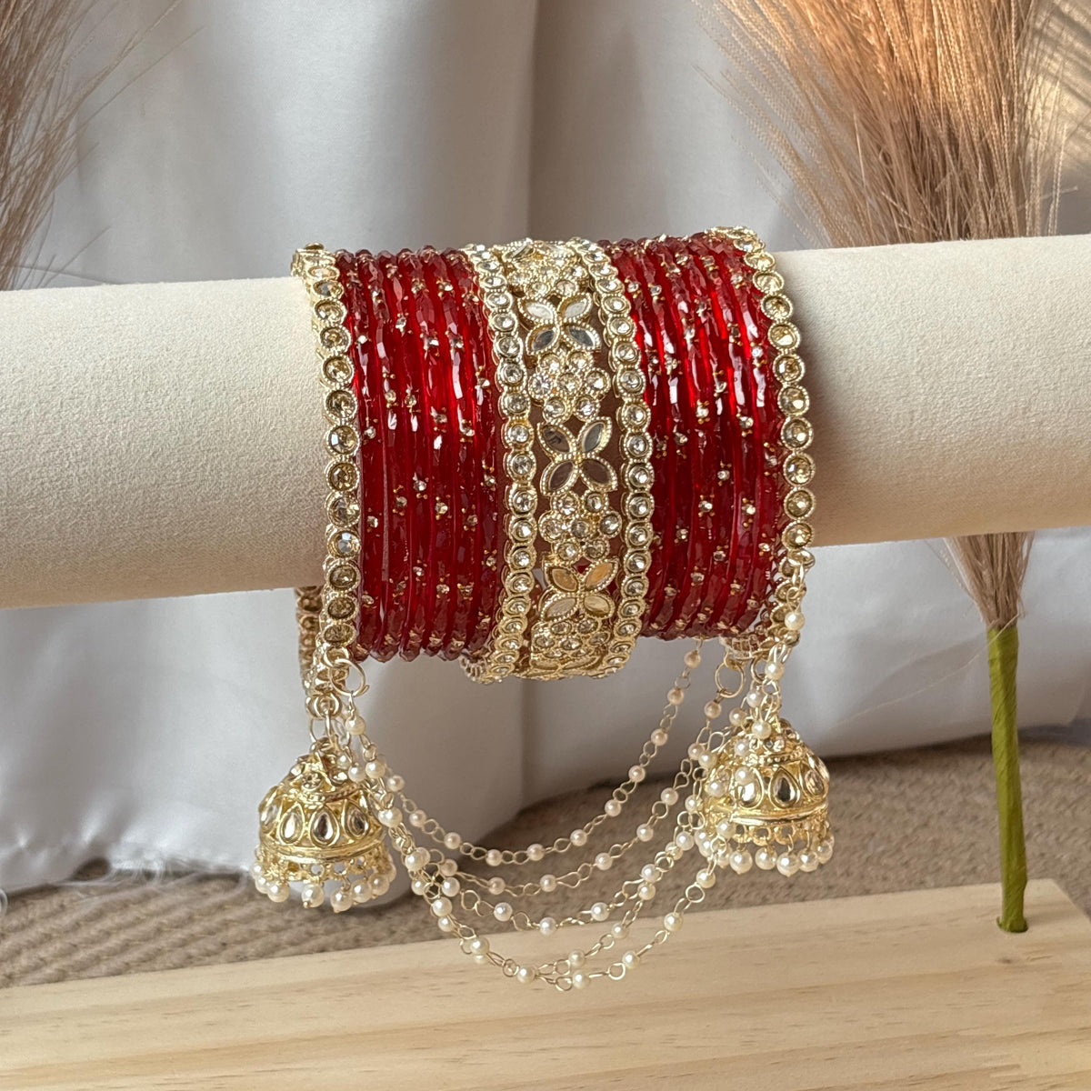 Red Bridal Bangles Jhumka Latkan Kada Pearl Jhula Set Kashmiri Churiyan Pakistani Wedding Jewelry - 10