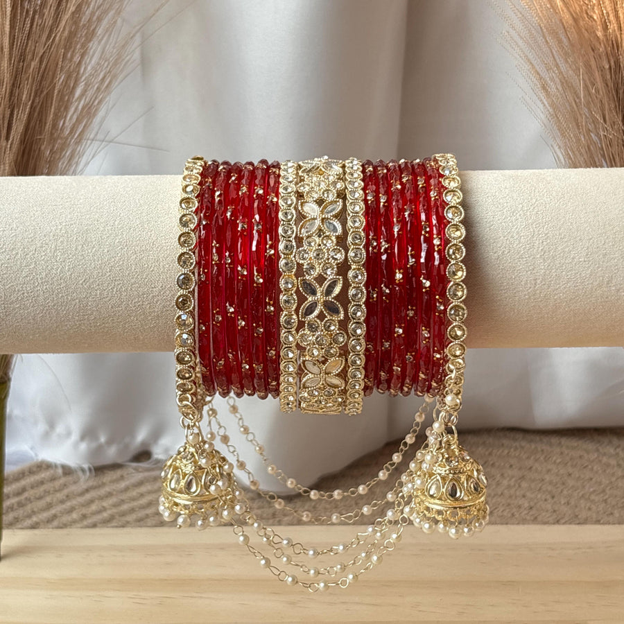 Red Bridal Bangles Jhumka Latkan Kada Pearl Jhula Set Kashmiri Churiyan Pakistani Wedding Jewelry