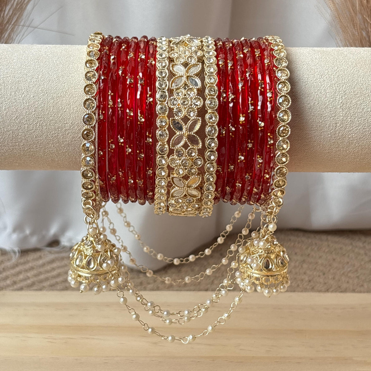 Red Bridal Bangles Jhumka Latkan Kada Pearl Jhula Set Kashmiri Churiyan Pakistani Wedding Jewelry - 3