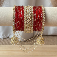 Red Bridal Bangles Jhumka Latkan Kada Pearl Jhula Set Kashmiri Churiyan Pakistani Wedding Jewelry - 3