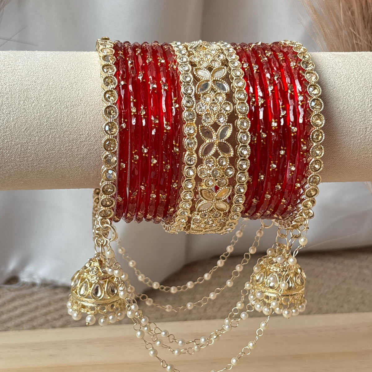 Red Bridal Bangles Jhumka Latkan Kada Pearl Jhula Set Kashmiri Churiyan Pakistani Wedding Jewelry - 11