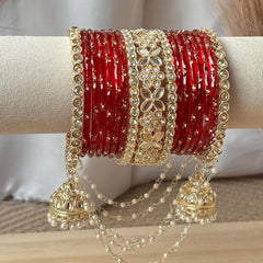 Red Bridal Bangles Jhumka Latkan Kada Pearl Jhula Set Kashmiri Churiyan Pakistani Wedding Jewelry - 11