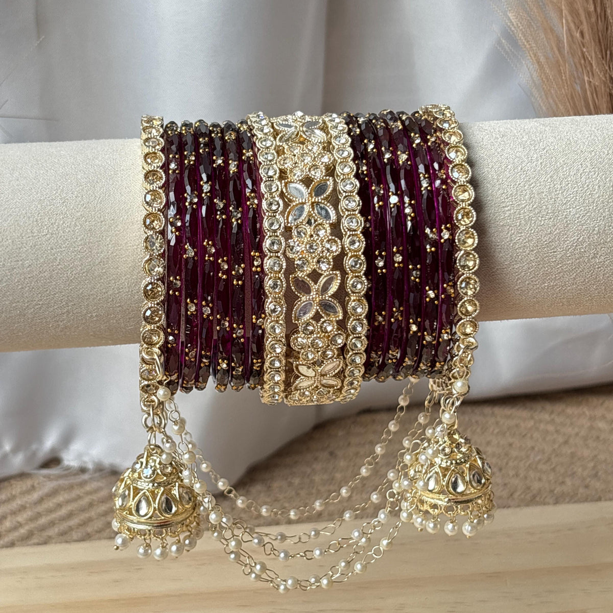 Wine Bridal Bangles Jhumka Latkan Kada Pearl Jhula Set Kashmiri Churiyan Pakistani Wedding Jewelry - 7