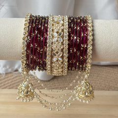Wine Bridal Bangles Jhumka Latkan Kada Pearl Jhula Set Kashmiri Churiyan Pakistani Wedding Jewelry - 8