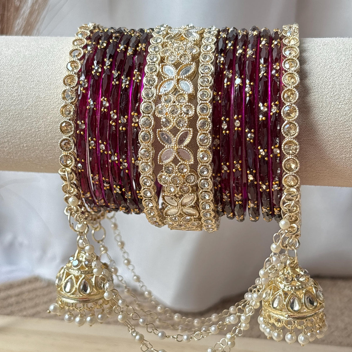 Wine Bridal Bangles Jhumka Latkan Kada Pearl Jhula Set Kashmiri Churiyan Pakistani Wedding Jewelry
