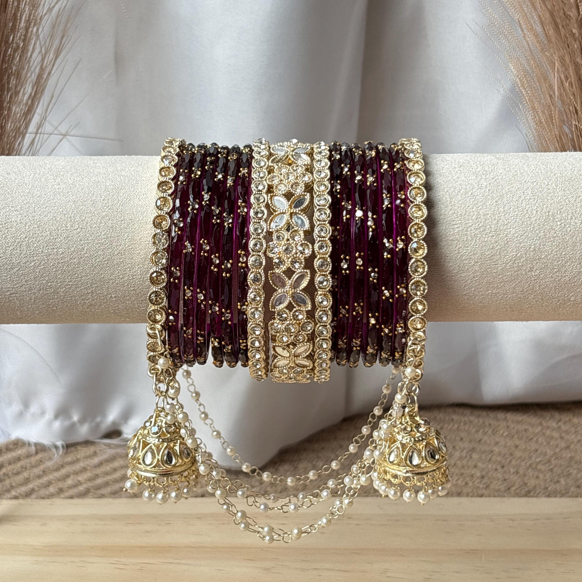 Wine Bridal Bangles Jhumka Latkan Kada Pearl Jhula Set Kashmiri Churiyan Pakistani Wedding Jewelry - 2