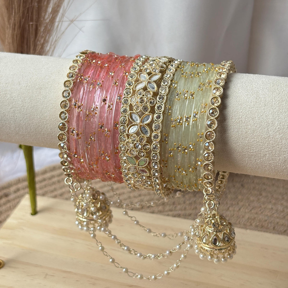 Pistachio Bangles Set Latkan Jhula Kada Zircon Crystal Pearl Chain Indian Bridal Wedding - 11