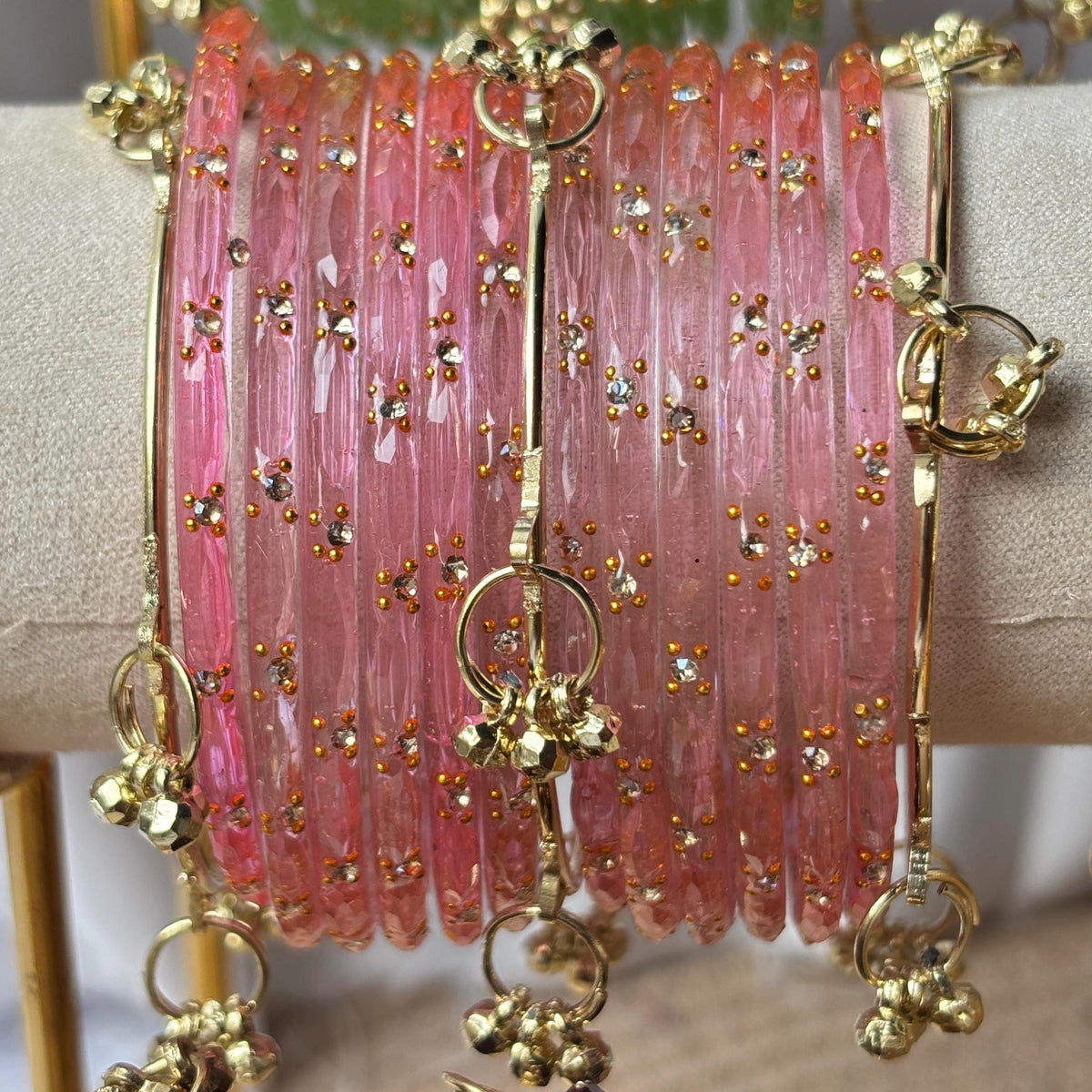Bridal Bangle Set Rose Pink Glass Ghungroo Kashmiri Churiyan Festive Wedding South Asian Jewelry - 2