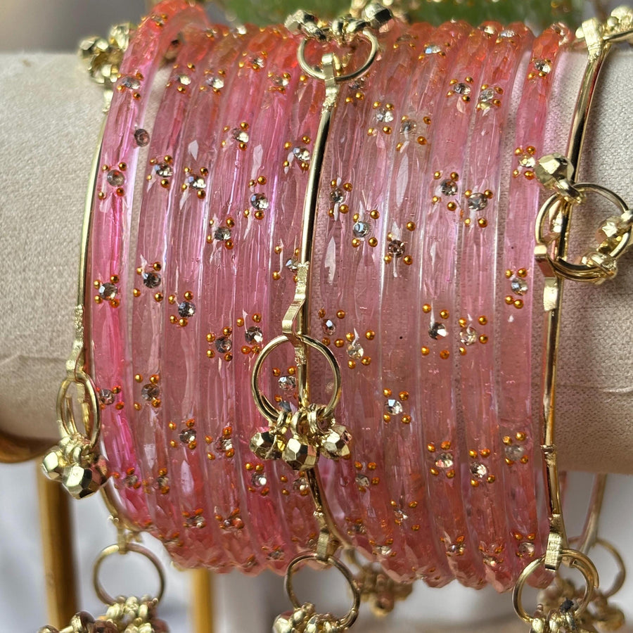 Bridal Bangle Set Rose Pink Glass Ghungroo Kashmiri Churiyan Festive Wedding South Asian Jewelry