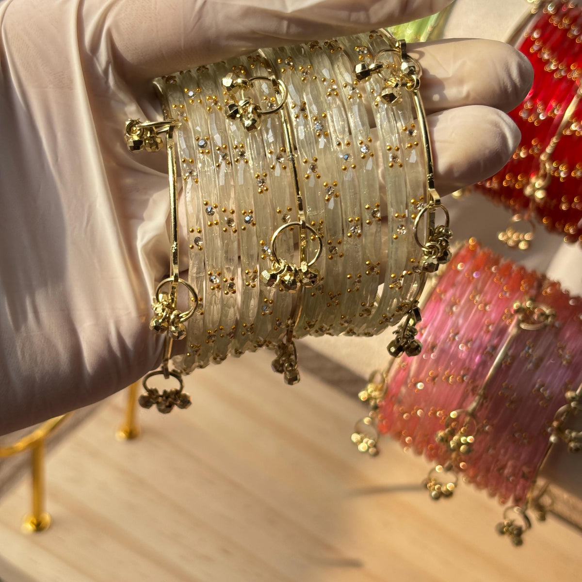 Bridal Bangle Set Ivory Glass Ghungroo Kashmiri Churiyan Festive Stack Bridesmaid South Asian Jewelry - 5
