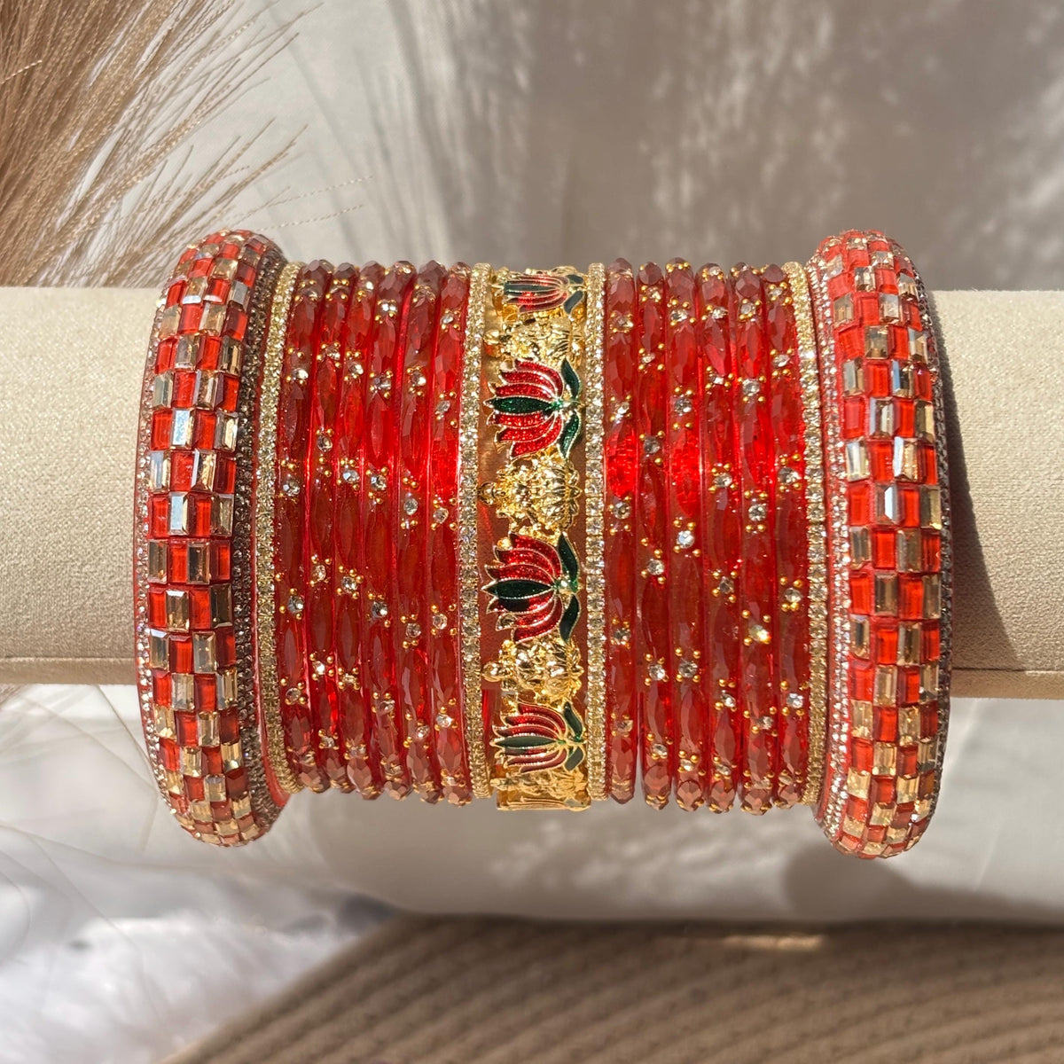 Orange Red Kashmiri Churiyan Bangles Meenakari Kada South Indian Lotus temple Jewelry