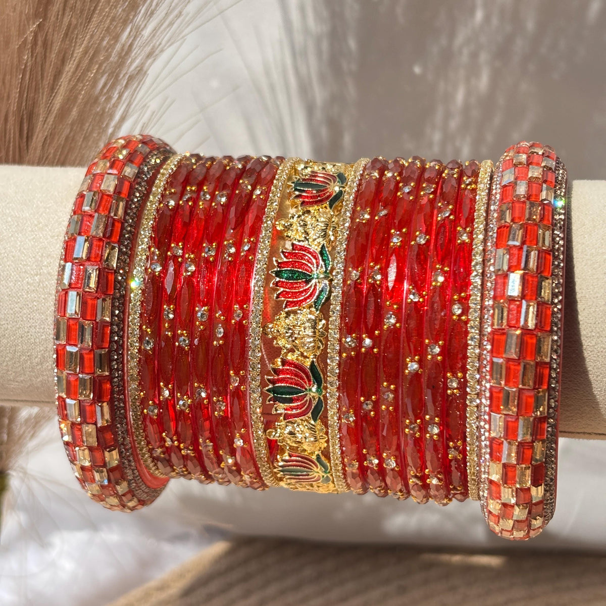 Orange Red Kashmiri Churiyan Bangles Meenakari Kada South Indian Lotus temple Jewelry - 2