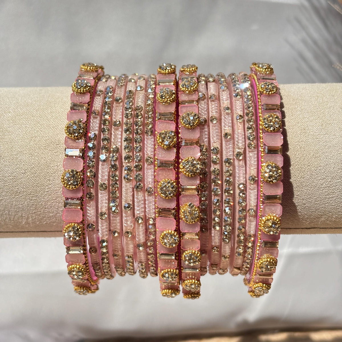 Baby Pink Glass Bangles Stone Studded Kashmiri Churiyan Bridal Chudi Stack Pakistani Wedding Jewelry - 6
