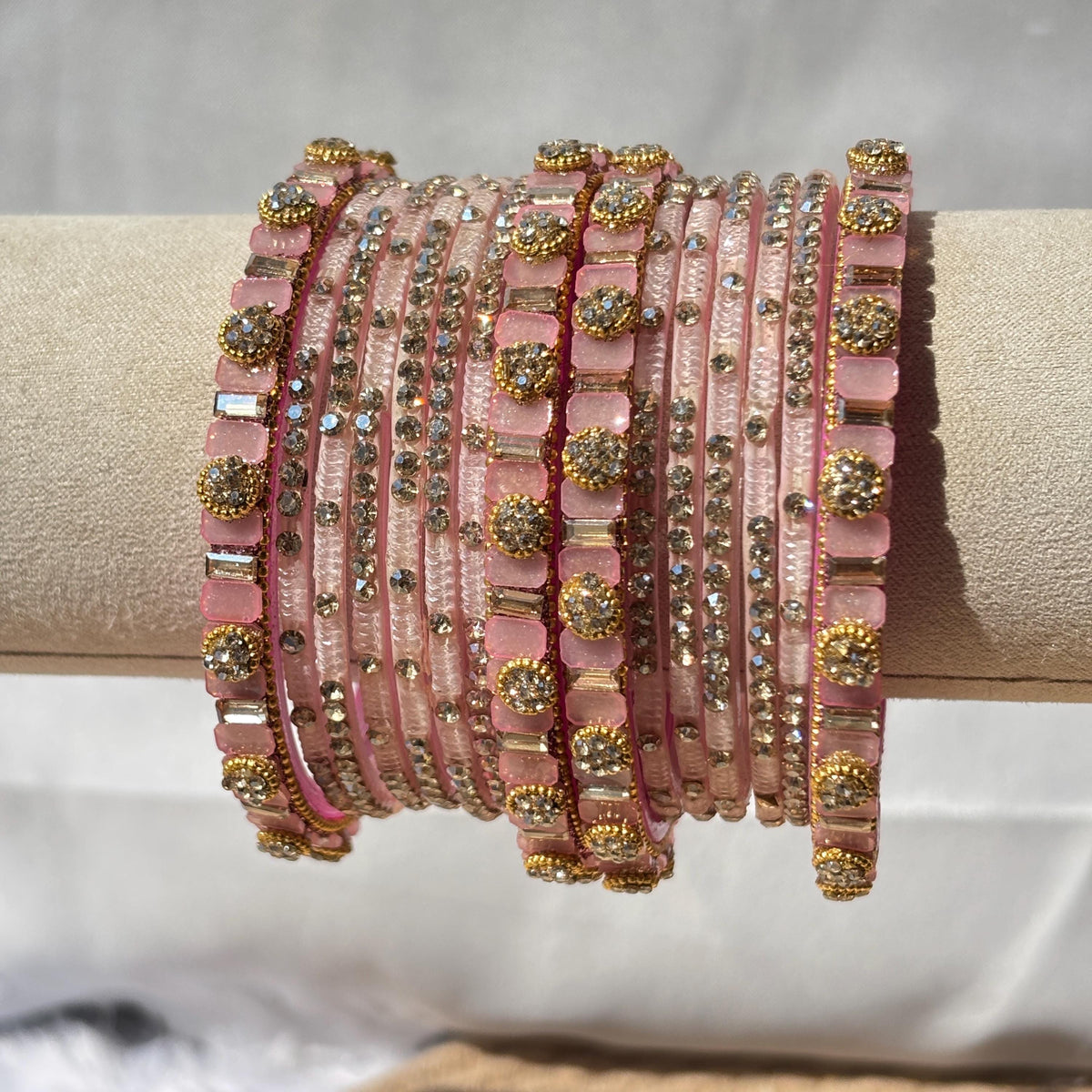 Baby Pink Glass Bangles Stone Studded Kashmiri Churiyan Bridal Chudi Stack Pakistani Wedding Jewelry - 7