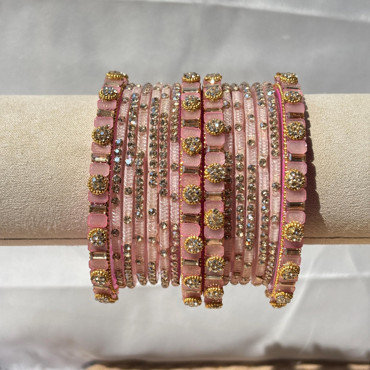 Baby Pink Glass Bangles Stone Studded Kashmiri Churiyan Bridal Chudi Stack Pakistani Wedding Jewelry - 8