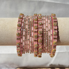 Baby Pink Glass Bangles Stone Studded Kashmiri Churiyan Bridal Chudi Stack Pakistani Wedding Jewelry - 8