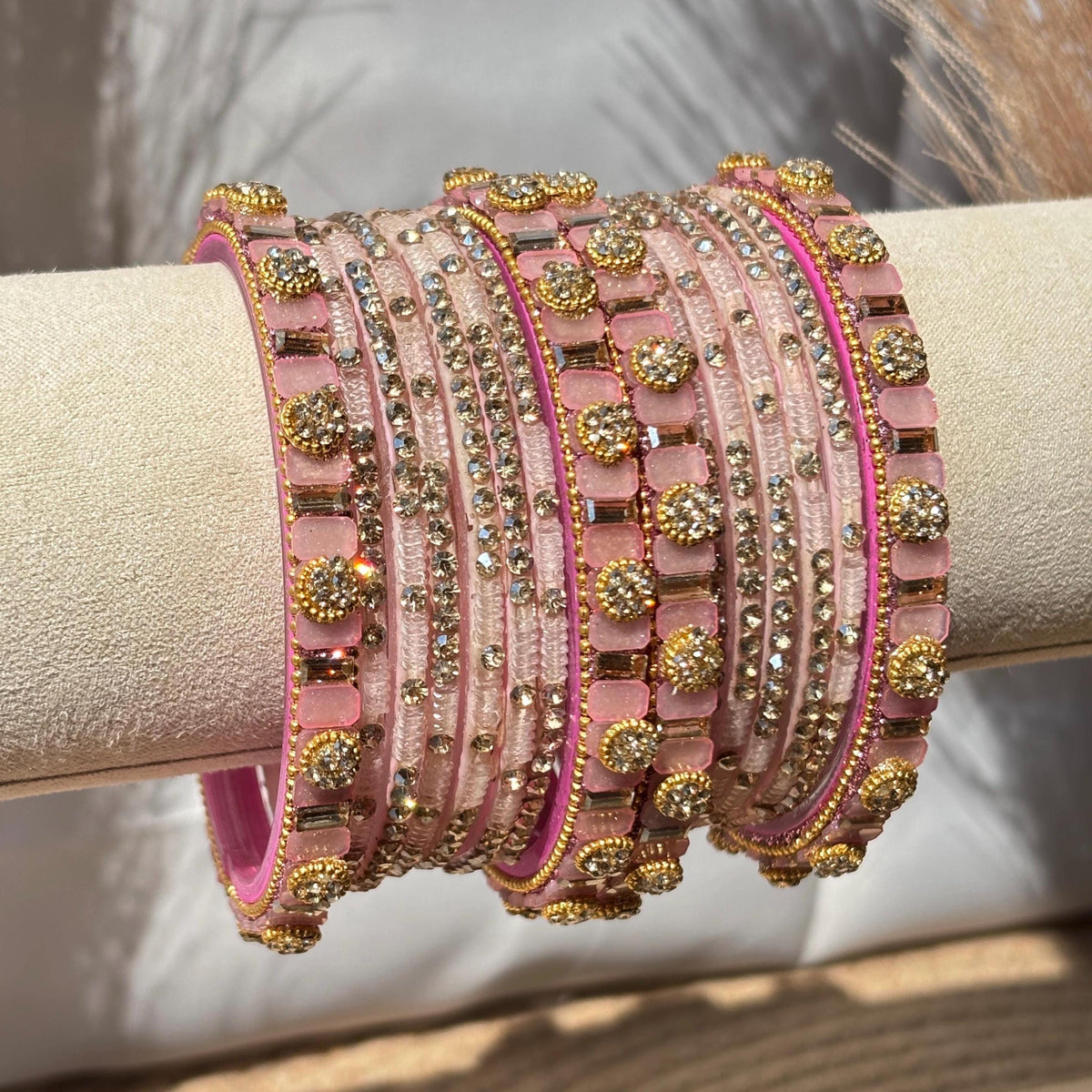 Baby Pink Glass Bangles Stone Studded Kashmiri Churiyan Bridal Chudi Stack Pakistani Wedding Jewelry - 3