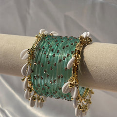 Ghungroo Bangles Yellow Red Seafoam Cowrie Shell Kashmiri Churiyan Indian Diwali Bangles Set - 8