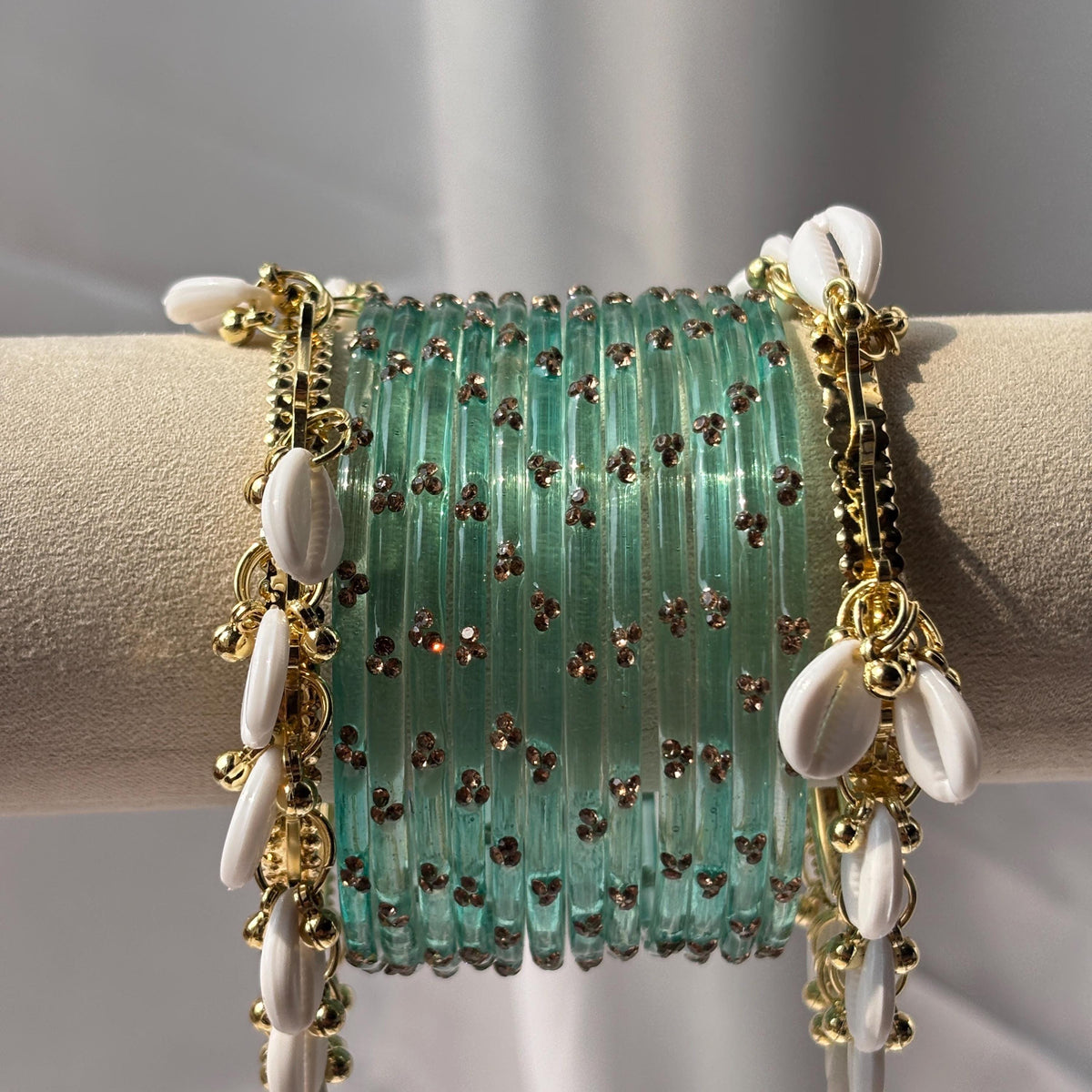 Ghungroo Bangles Yellow Red Seafoam Cowrie Shell Kashmiri Churiyan Indian Diwali Bangles Set - 5