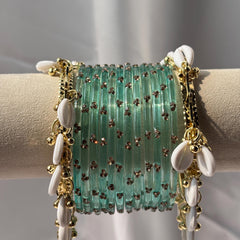 Ghungroo Bangles Yellow Red Seafoam Cowrie Shell Kashmiri Churiyan Indian Diwali Bangles Set - 5