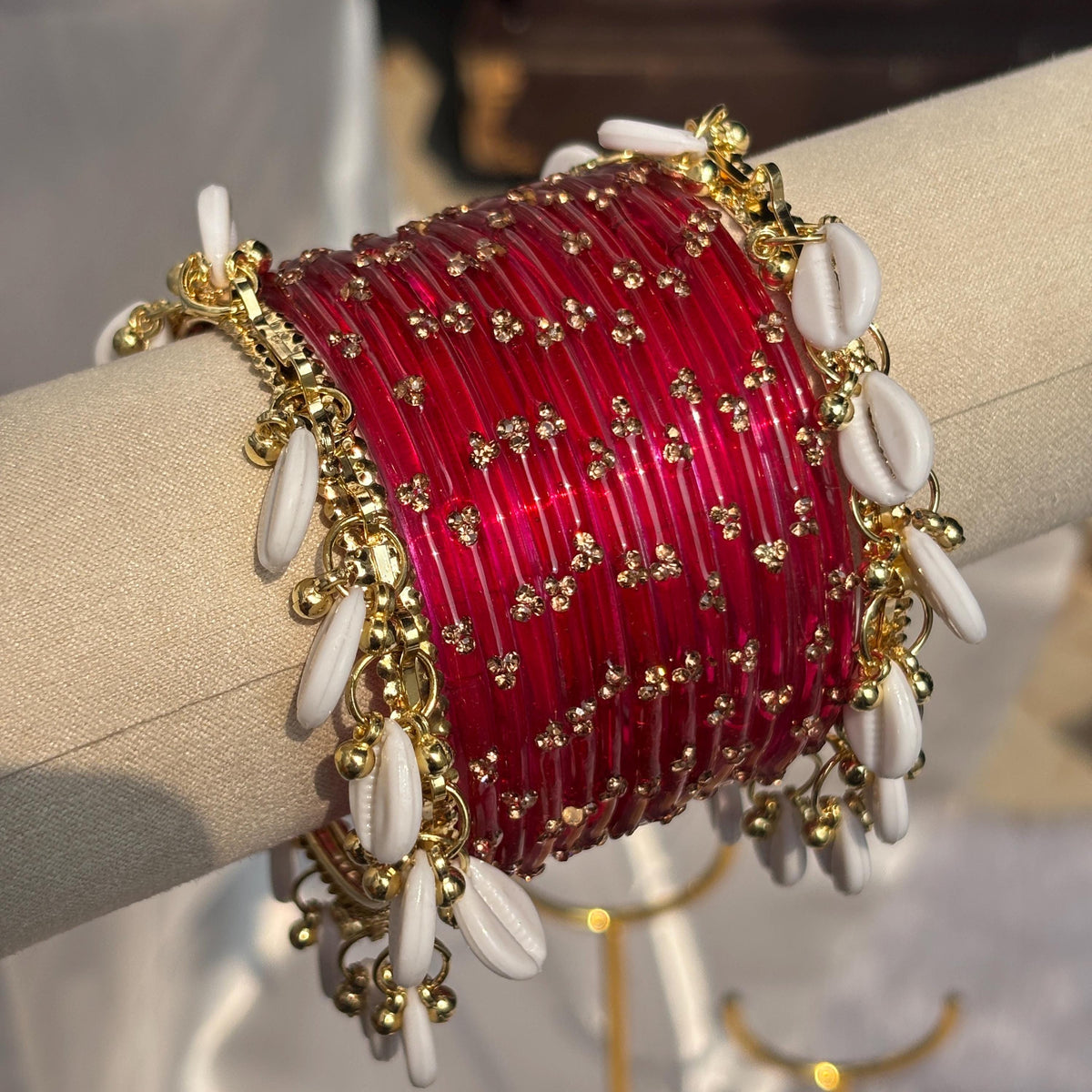 Ghungroo Bangles Yellow Red Seafoam Cowrie Shell Kashmiri Churiyan Indian Diwali Bangles Set - 9