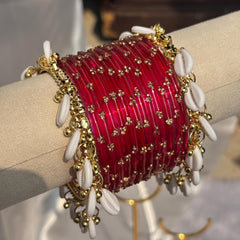 Ghungroo Bangles Yellow Red Seafoam Cowrie Shell Kashmiri Churiyan Indian Diwali Bangles Set - 9