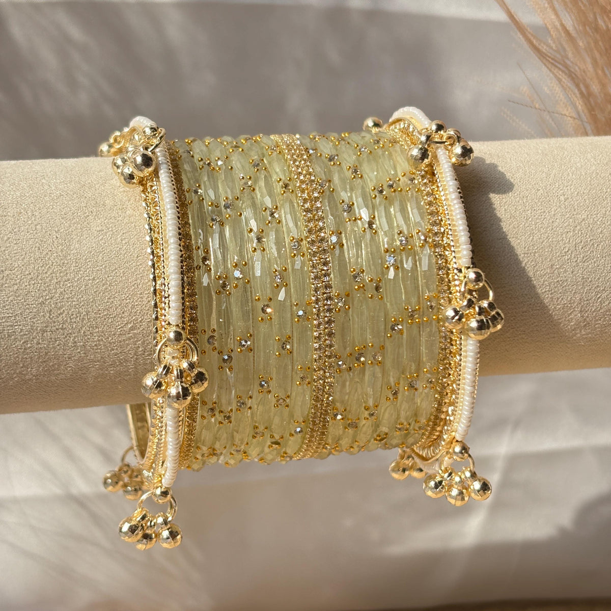 Ivory White Bangles Set Kashmiri Glass Churiyan Ghungroo Kada Stack Pakistani Wedding Jewelry