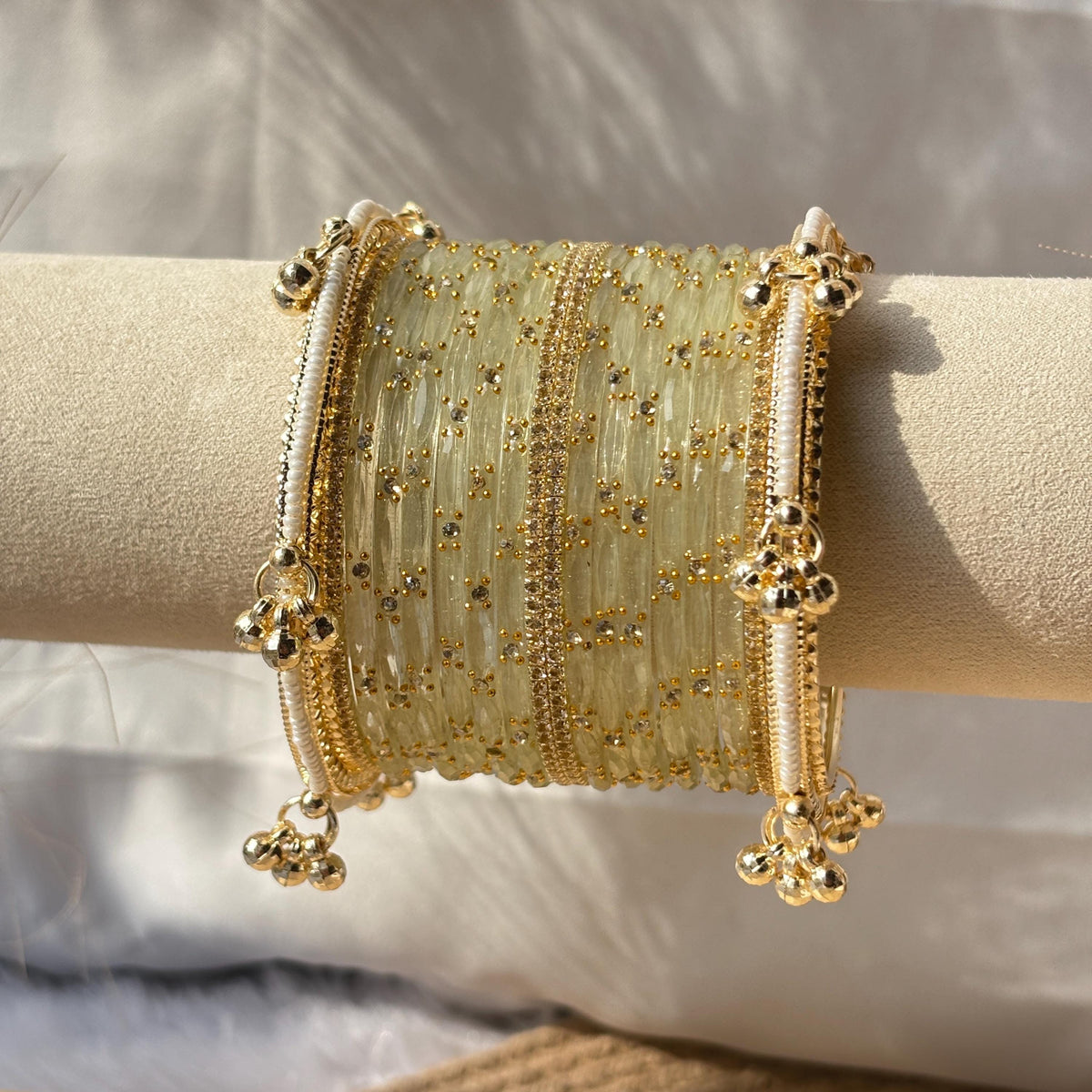 Ivory White Bangles Set Kashmiri Glass Churiyan Ghungroo Kada Stack Pakistani Wedding Jewelry - 8
