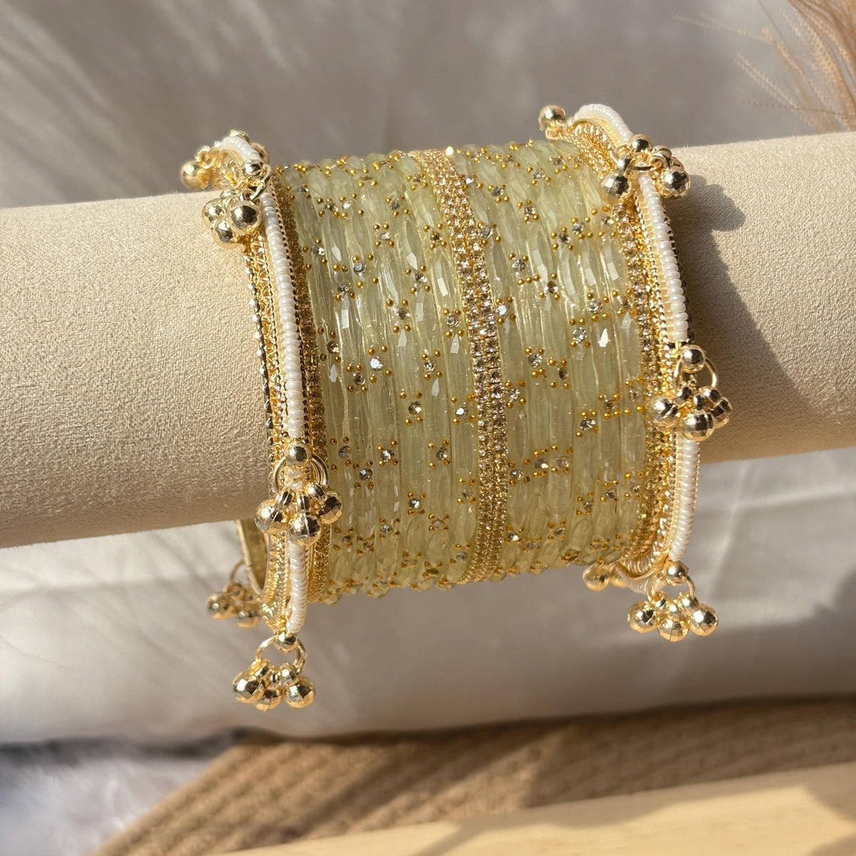 Ivory White Bangles Set Kashmiri Glass Churiyan Ghungroo Kada Stack Pakistani Wedding Jewelry - 5