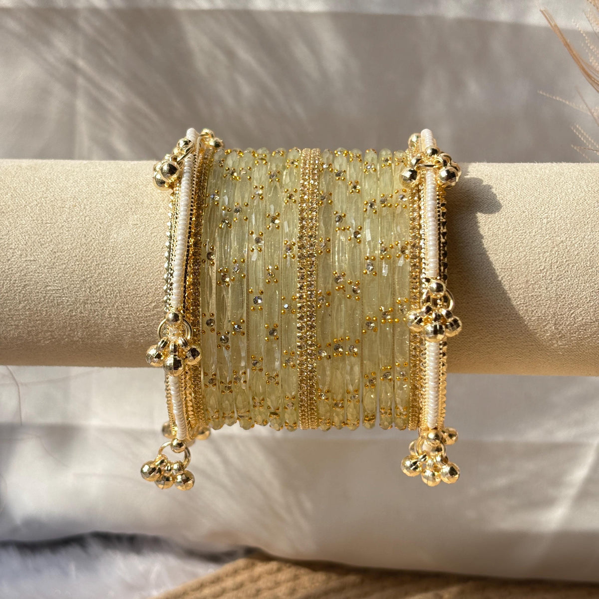 Ivory White Bangles Set Kashmiri Glass Churiyan Ghungroo Kada Stack Pakistani Wedding Jewelry - 10