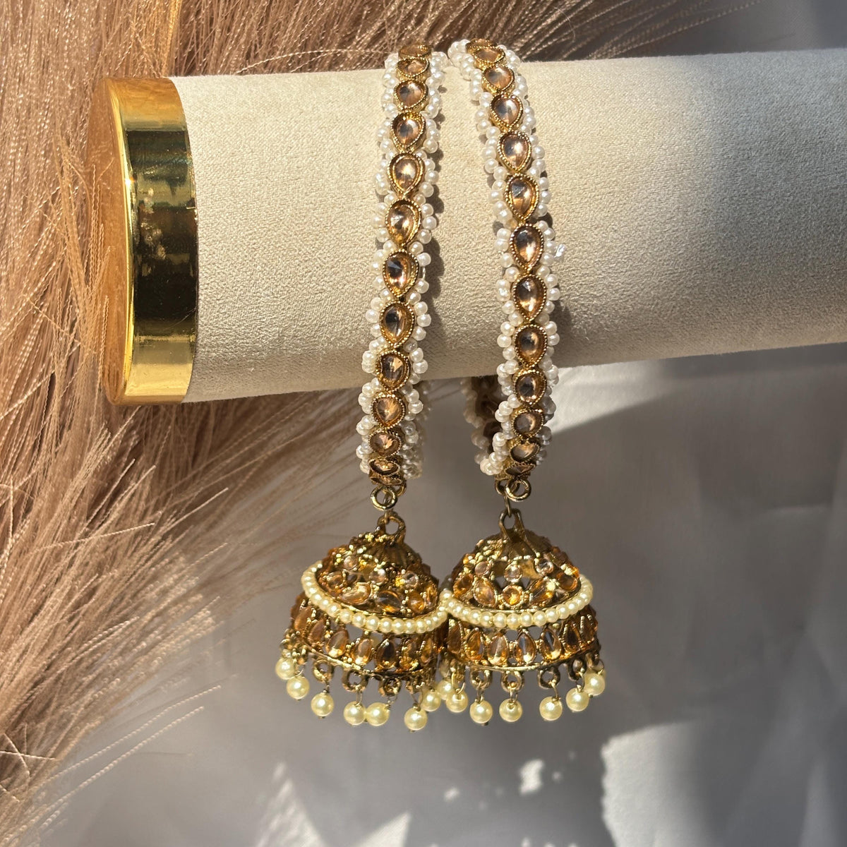 Jhumka Kada Pair Champagne Stone Faux Pearl Latkan Bangles Bridal Festive Pakistani Wedding Jewelry - 2