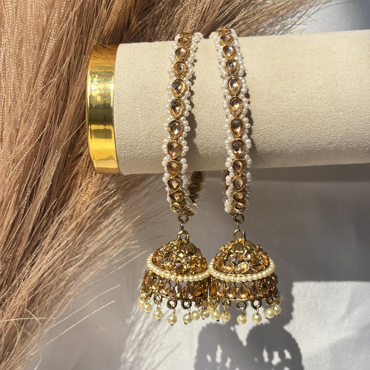 Jhumka Kada Pair Champagne Stone Faux Pearl Latkan Bangles Bridal Festive Pakistani Wedding Jewelry