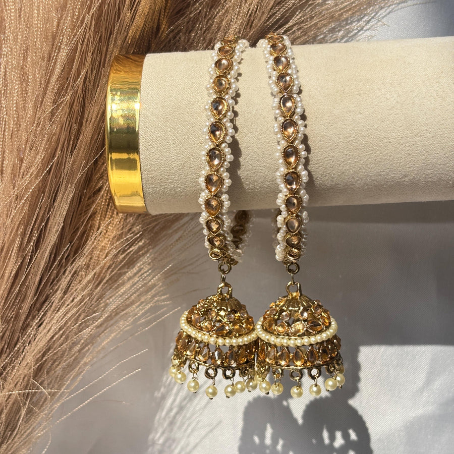 Jhumka Kada Pair Champagne Stone Faux Pearl Latkan Bangles Bridal Festive Pakistani Wedding Jewelry