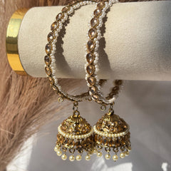 Jhumka Kada Pair Champagne Stone Faux Pearl Latkan Bangles Bridal Festive Pakistani Wedding Jewelry - 4