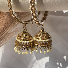 Jhumka Kada Pair Champagne Stone Faux Pearl Latkan Bangles Bridal Festive Pakistani Wedding Jewelry - 3