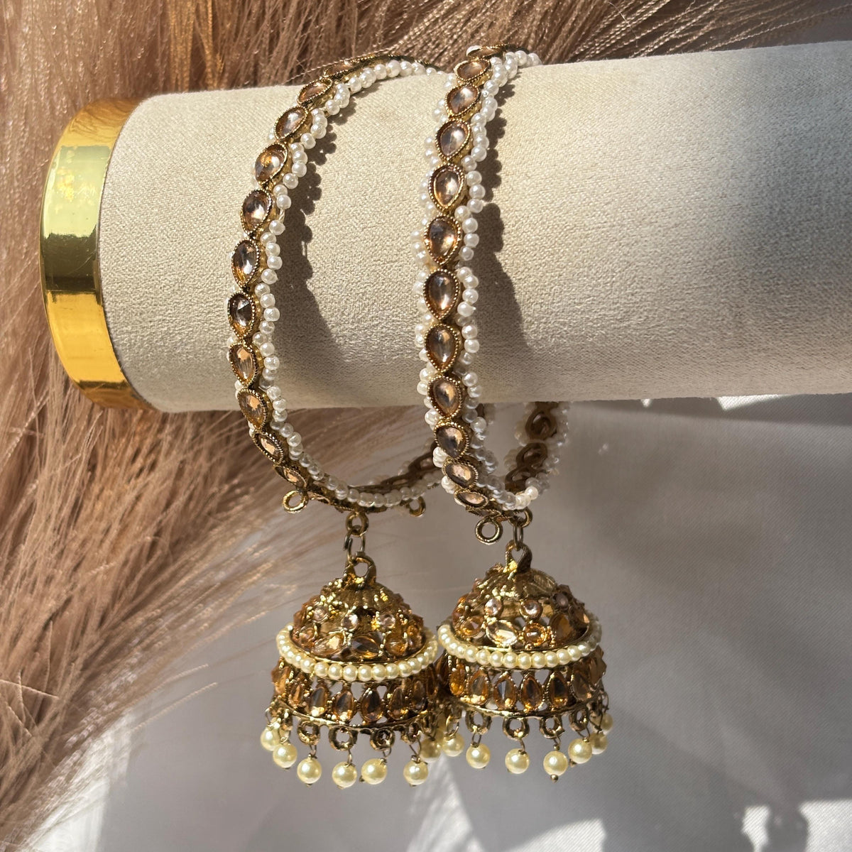 Jhumka Kada Pair Champagne Stone Faux Pearl Latkan Bangles Bridal Festive Pakistani Wedding Jewelry - 5