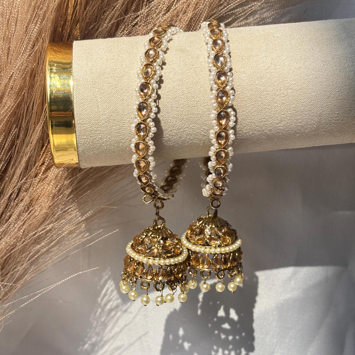 Jhumka Kada Pair Champagne Stone Faux Pearl Latkan Bangles Bridal Festive Pakistani Wedding Jewelry - 6